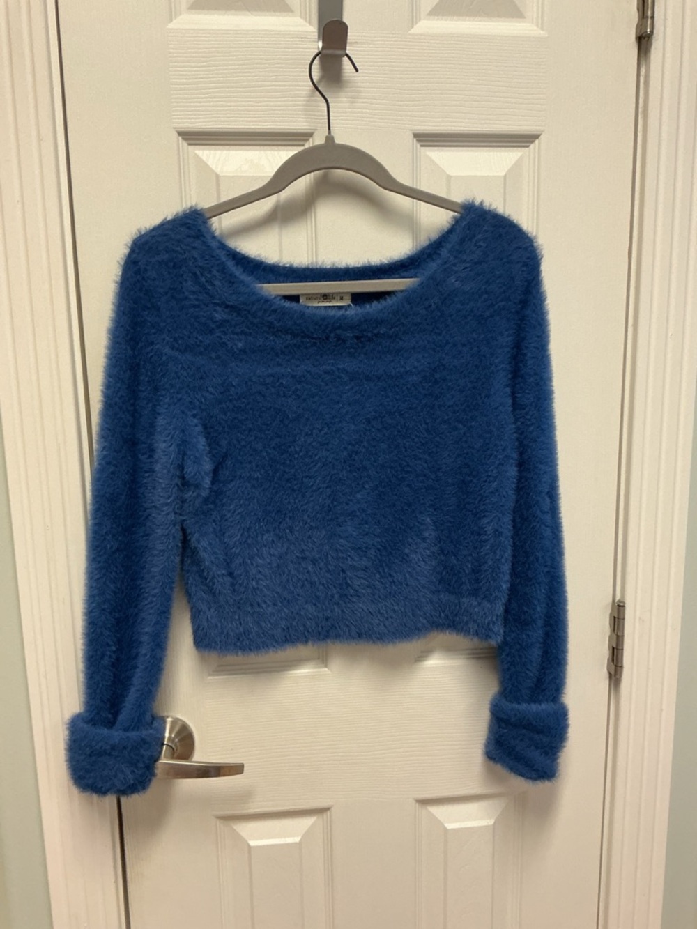 Natural Life SZ M Blue Fuzzy Long sleeve Cropped Sweater Boho